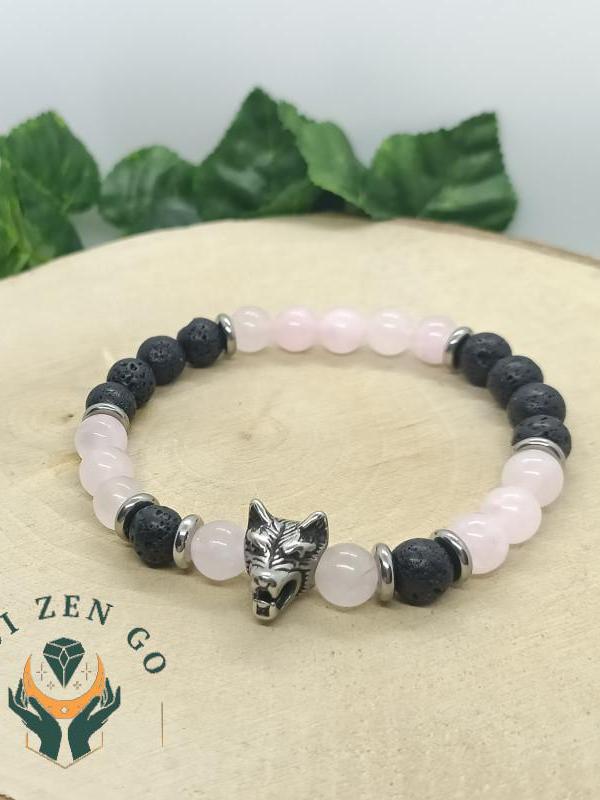 Bracelet tete de loup quartz rose et pierre de lave 1