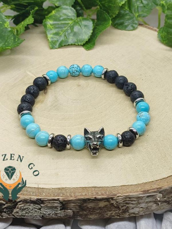 Bracelet turquoise et pierre de lave tete de loup 1