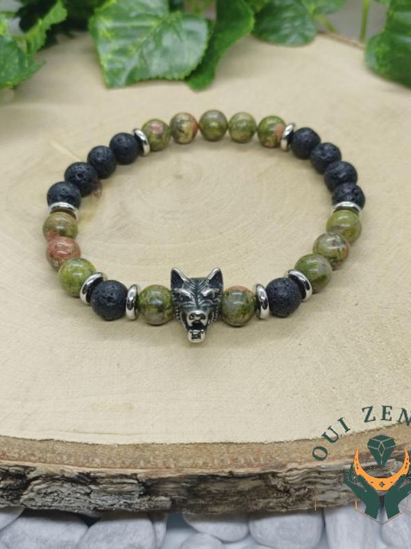Bracelet unakite et pierre de lave tete de loup 3