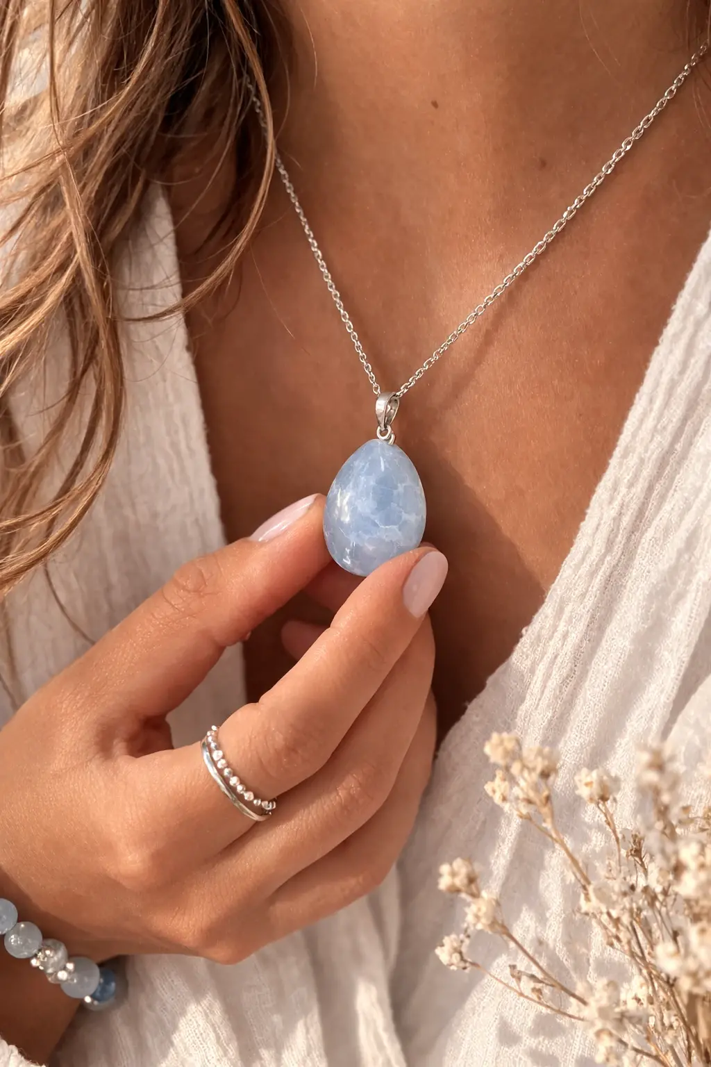 pendentif en célestine naturelle porté autour du cou bijou en pierre célestine bleue