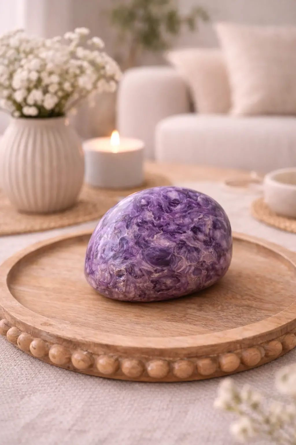 pierre roulée charoïte violette posée sur un plateau en bois pierre naturelle charoïte décoration bien etre