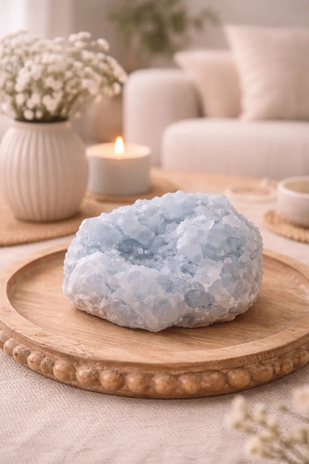 géode de célestine bleue posée sur une table pierre naturelle célestine décoration bien etre