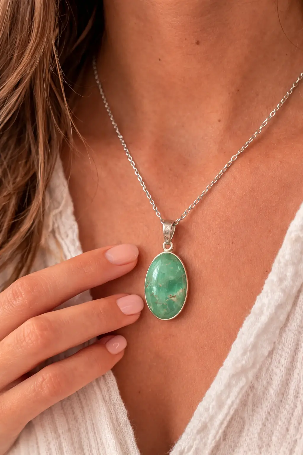 pendentif en chrysoprase naturelle porté autour du cou bijou en pierre chrysoprase verte