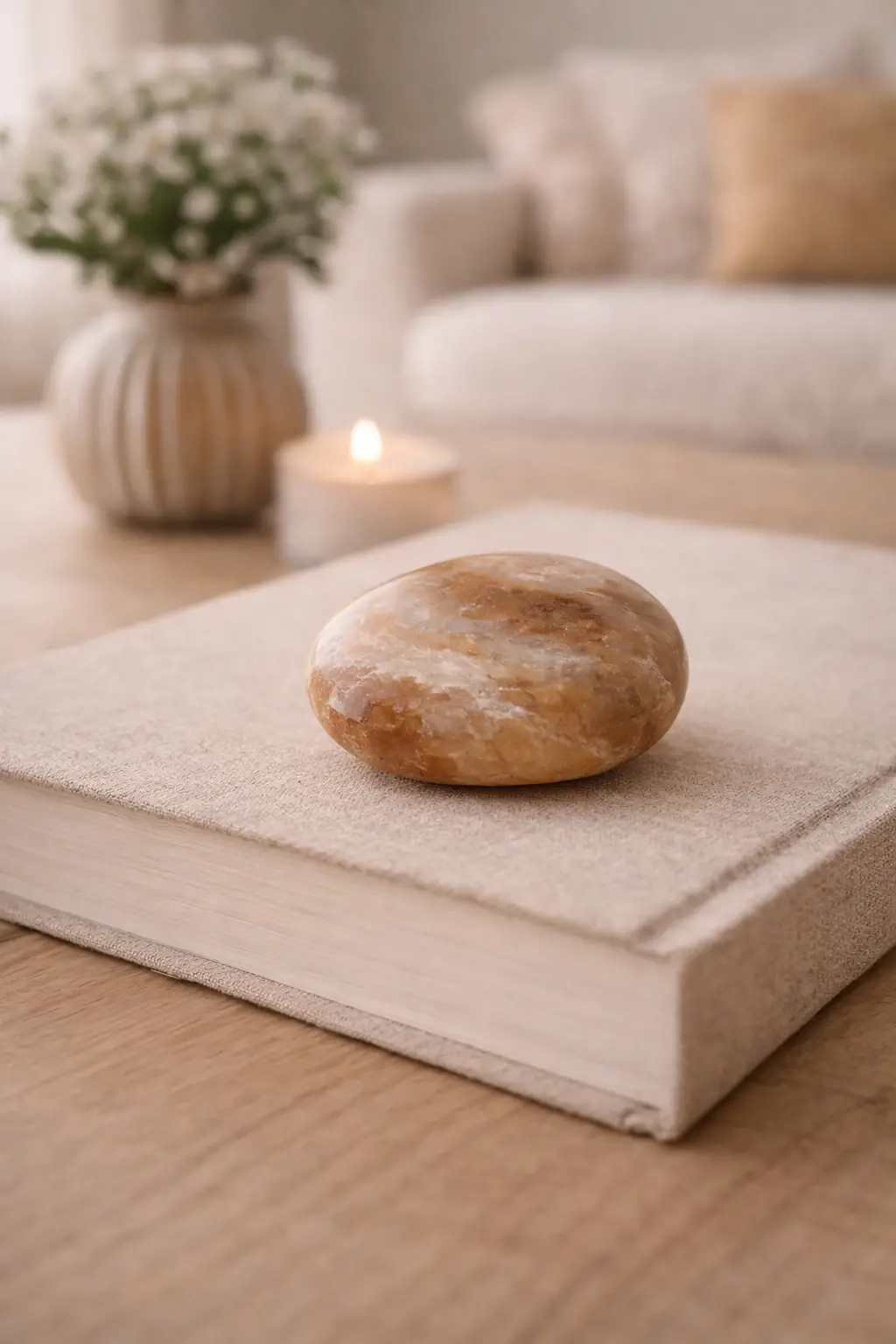 pierre roulée aragonite posée sur un livre pierre naturelle aragonite décoration bien etre