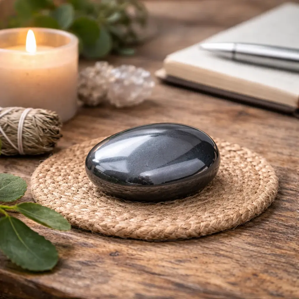 ierre d hematite sur mat en jute