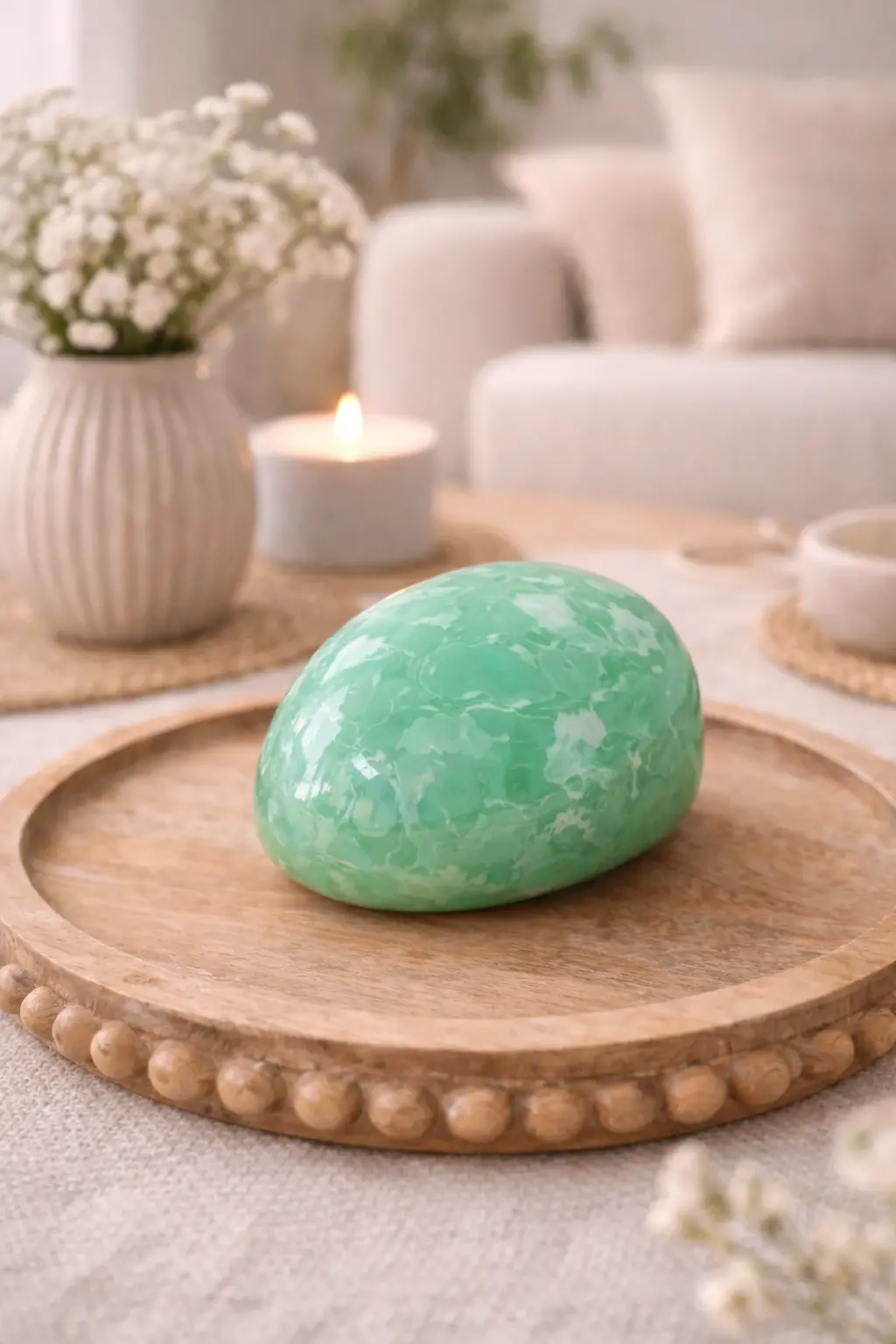 pierre roulée chrysoprase verte posée sur un plateau en bois pierre naturelle chrysoprase décoration bien etre