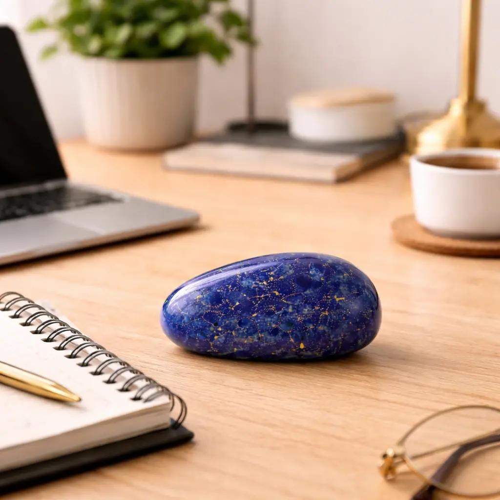 Pierre de lapis lazuli sur bureau en bois