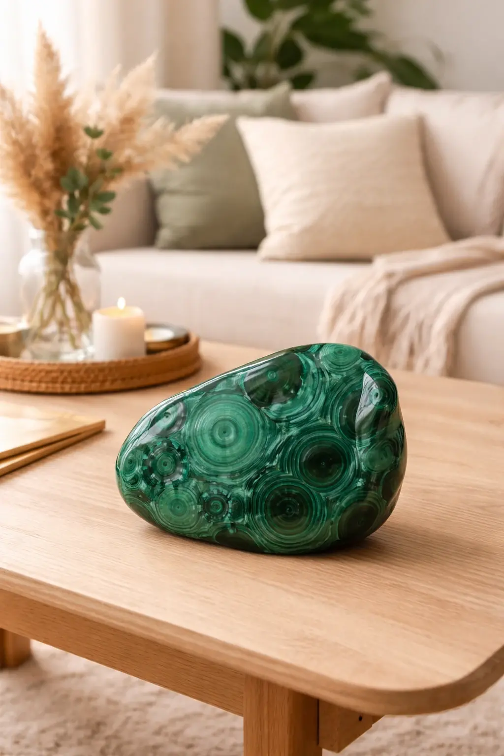 Pierre de malachite sur table en bois