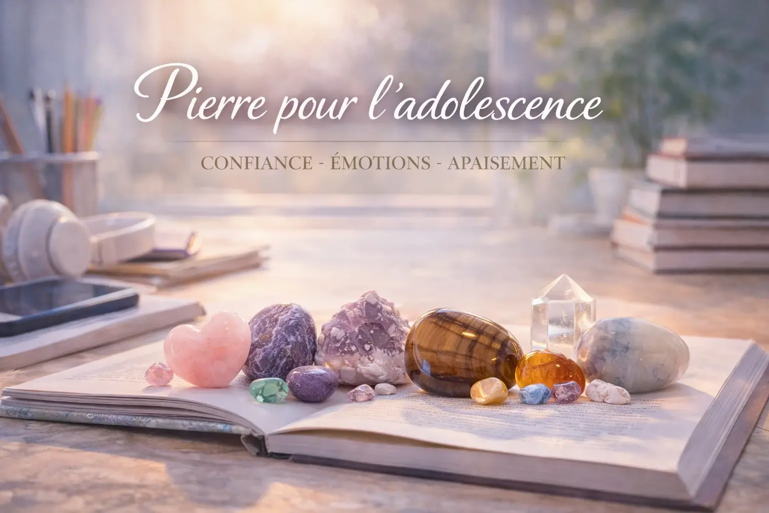 Pierres naturelles posées sur un livre pour accompagner l’adolescence, la confiance et la gestion des émotions