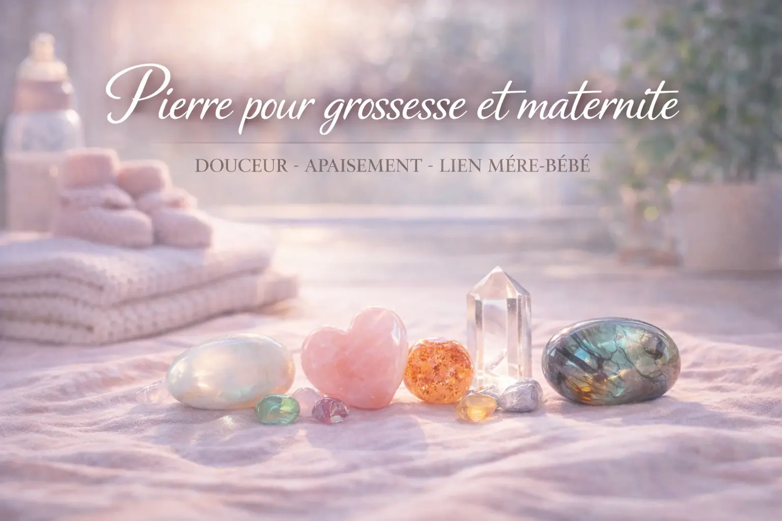 Pierres naturelles sur tissu rose pour accompagner la grossesse et la maternité en douceur