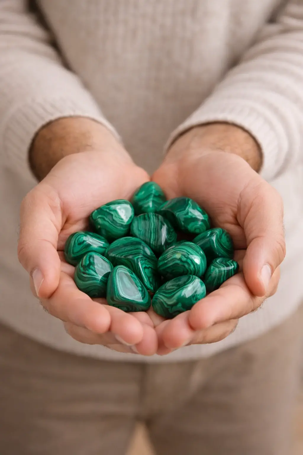 Pierres de malachite dans les mains