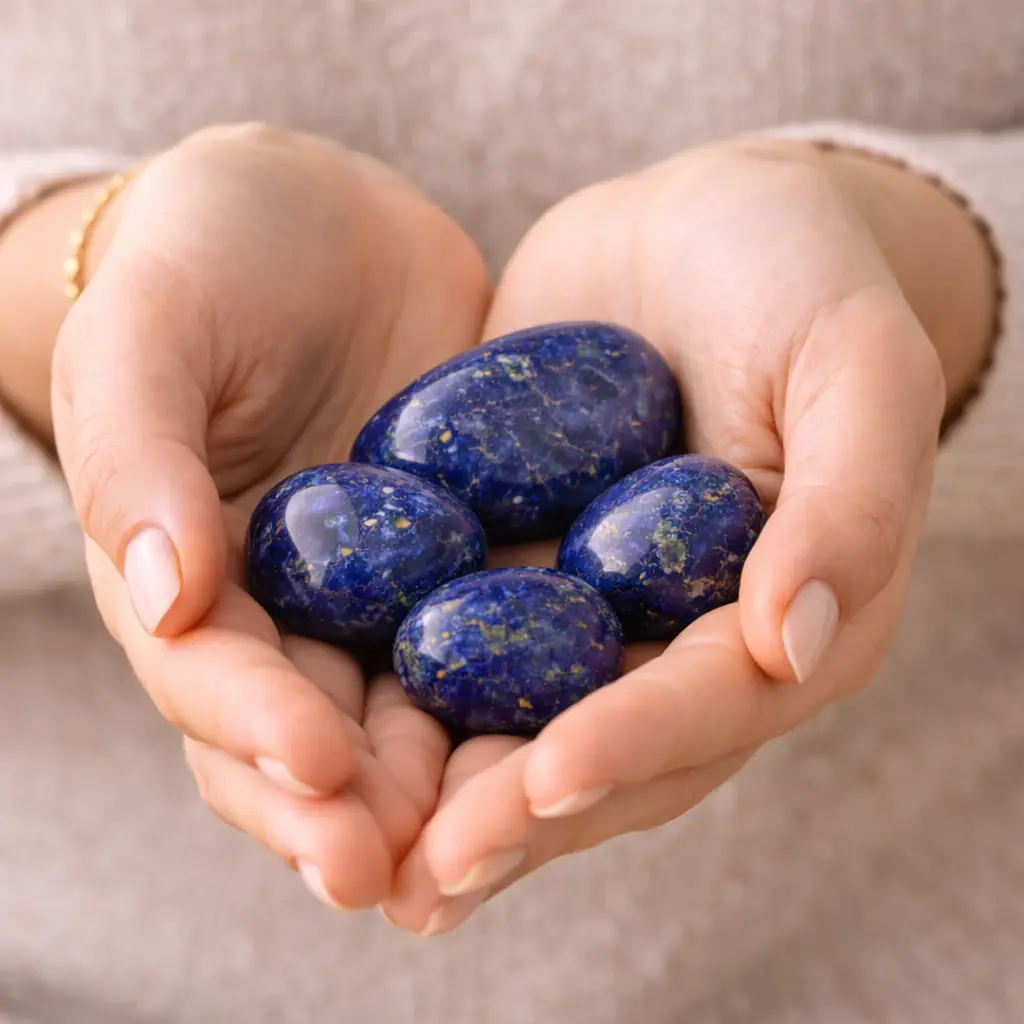 Pierres lapis lazuli dans les mains