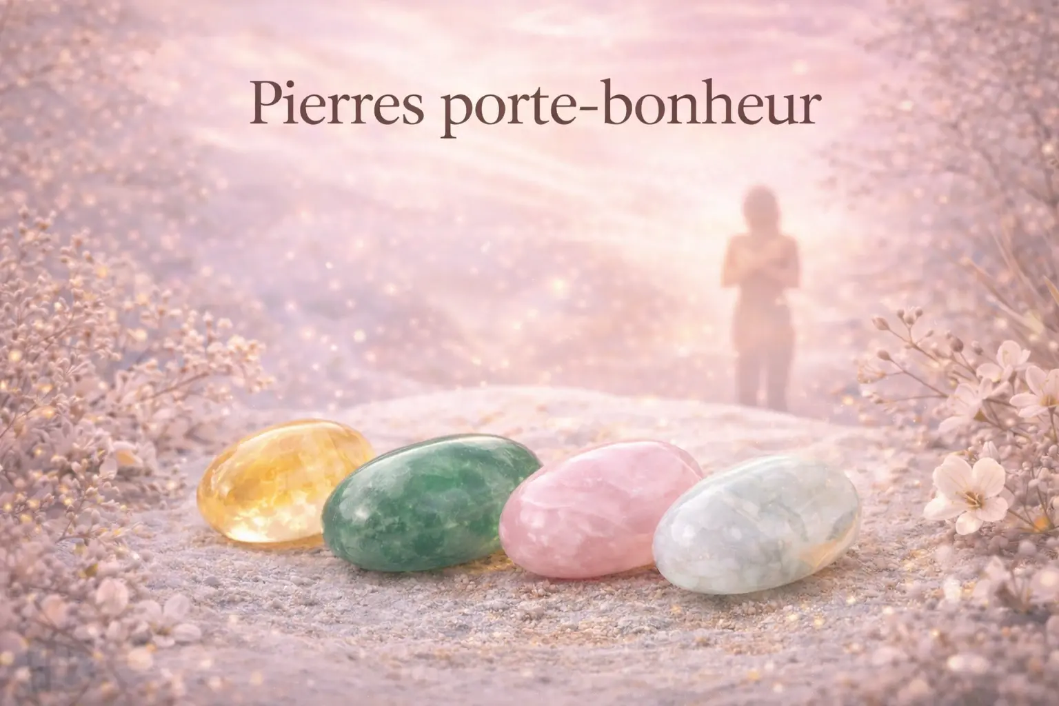 Illustration de pierres naturelles symboliquement associées à l’intention porte-bonheur, à l’optimisme et à l’ouverture aux opportunités.