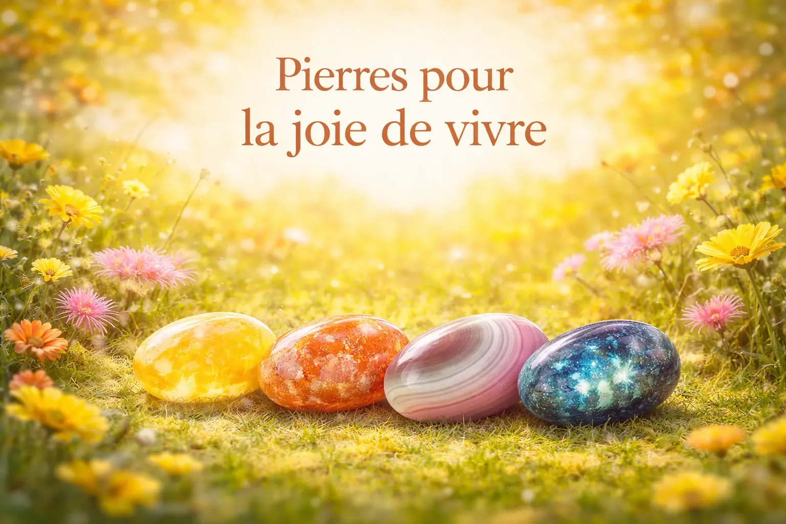 Illustration de pierres naturelles symboliquement associées à la joie de vivre, à l’optimisme et à l’élan intérieur.