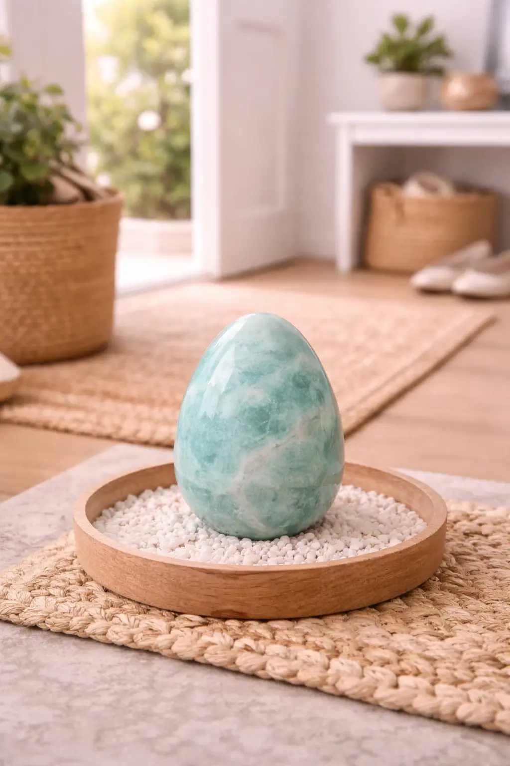 oeuf amazonite pierre naturelle dans une entrée de maison
